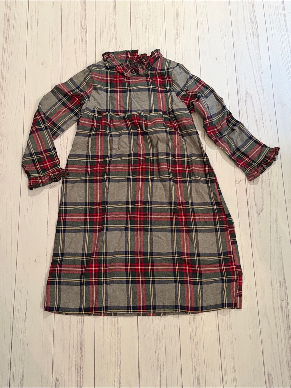 Girls Plaid Long Sleeve Dress with Ruffle Collar - Red & Gray